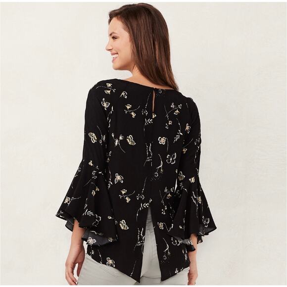 LC Lauren Conrad Boho Floral Bell Sleeve Blouse Medium Ruffle Flutter Sleeve - Picture 2 of 12